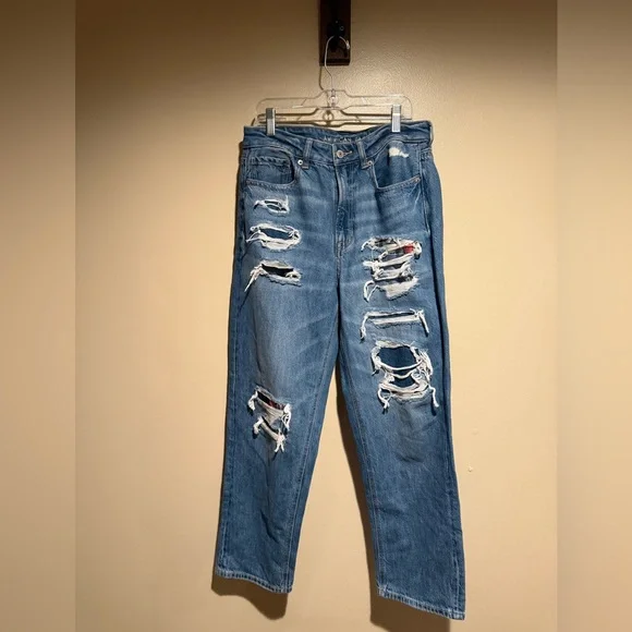 NWT American Eagle Mom Straight Jean Blue Denim plaid patchwork size 8 reg - Picture 3 of 12